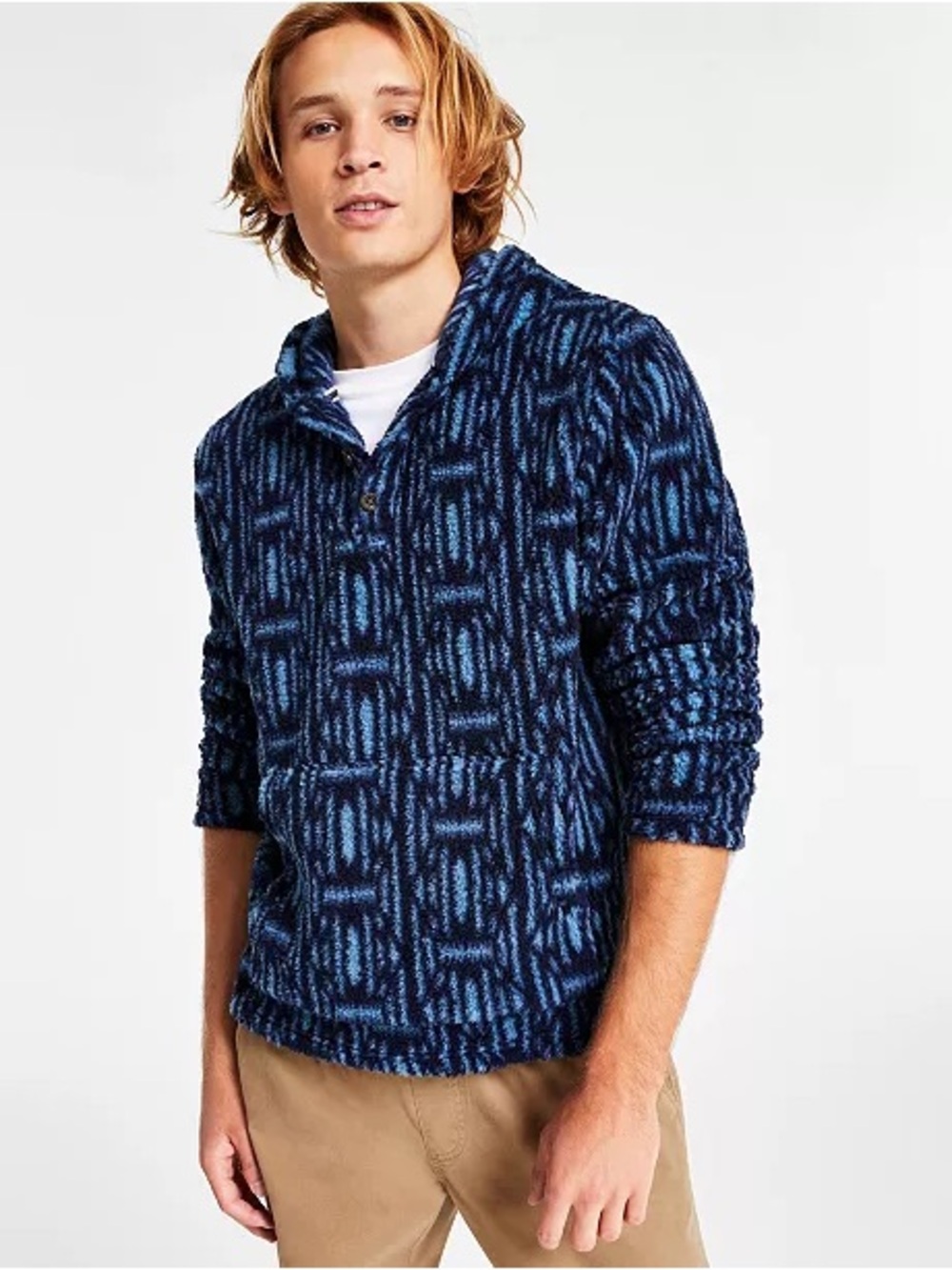 Sun + Stone Men XL Fuzzy Fleece Hoodie Blue Patterned Anorak Sweater